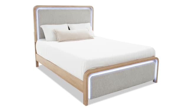 Cascade Twin Brown & Beige Upholstered Panel Bed with plush polyester fabric, engineered wood grain, smooth rounded corners, and LED lighting, from Cascade Bedroom collection.