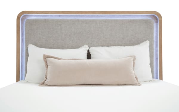 Cascade Twin Brown & Beige Upholstered Panel Bed with plush beige polyester fabric, LED-lit transitional style headboard, and smooth rounded corners.