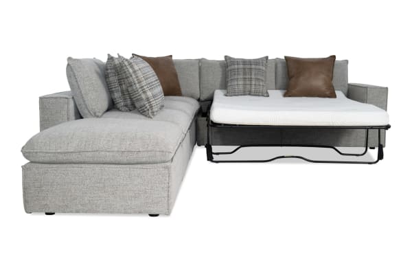 Infinity Gray 121'' 5-piece right arm facing modular sleeper sectional in gray polyester fabric with queen gel mattress, transitional style, and mixed accent pillows.