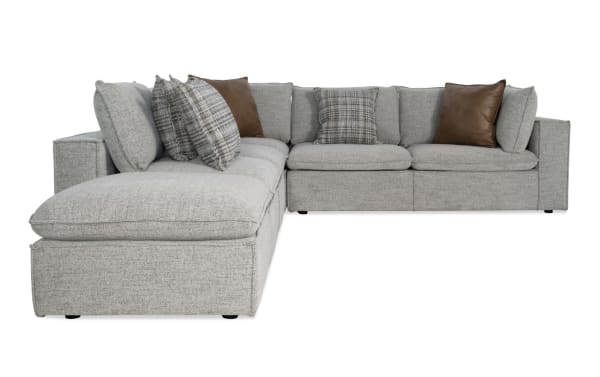 Infinity Gray 121'' 5 Piece Right Arm Facing Modular Sleeper Sectional in gray polyester fabric, transitional style with removable cushions, accent pillows, and queen gel mattress.