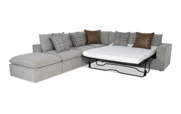 Infinity Gray 121" 5-piece right-arm facing modular sleeper sectional in gray polyester fabric, transitional style with queen gel mattress, feather blend pillows, and removable cushions.