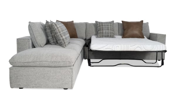 Infinity Gray 121'' 5 Piece Right Arm Facing Modular Sleeper Sectional in gray polyester fabric, transitional style with queen cooling gel mattress and feather-blend pillows.