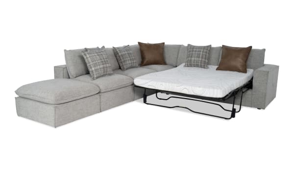 Infinity Gray 121'' 5-piece right arm facing modular sleeper sectional with queen gel mattress, gray polyester fabric, transitional style, feather blend pillows.