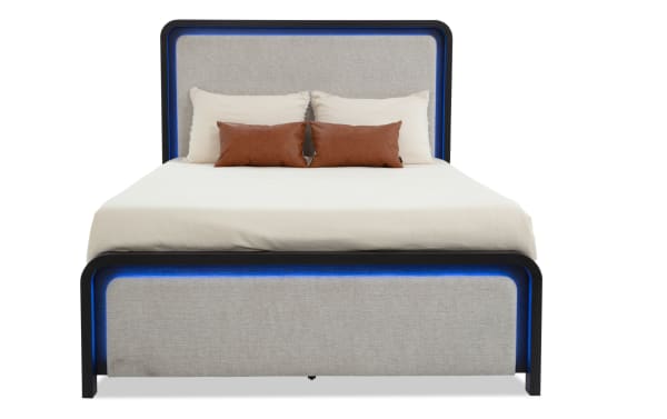 Cascade Full Black & Beige Upholstered Panel Bed with plush beige polyester fabric, black MDF frame, and touch-activated blue LED lighting, transitional style.