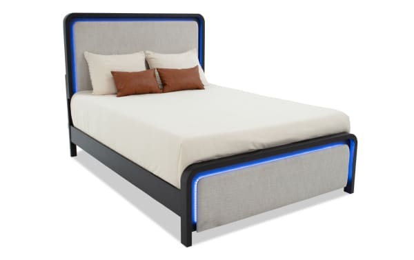 Cascade Full Black & Beige Upholstered Panel Bed with plush beige polyester fabric, engineered wood grain frame, and blue LED lighting, transitional style.