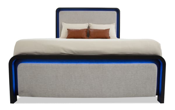 Cascade Full Black & Beige Upholstered Panel Bed with plush beige polyester fabric, black MDF frame, rounded corners, and blue LED lighting, transitional style.