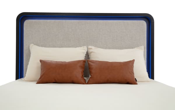 Cascade Full Black & Beige Upholstered Panel Bed with plush beige polyester fabric, smooth rounded corners, and blue touch-activated LED lighting.