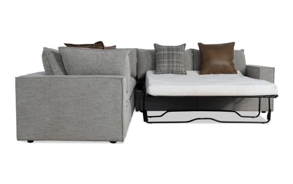 Infinity Gray 121'' 4-piece right arm facing modular sleeper sectional with gray polyester fabric, transitional style, queen gel mattress, and mixed accent pillows.