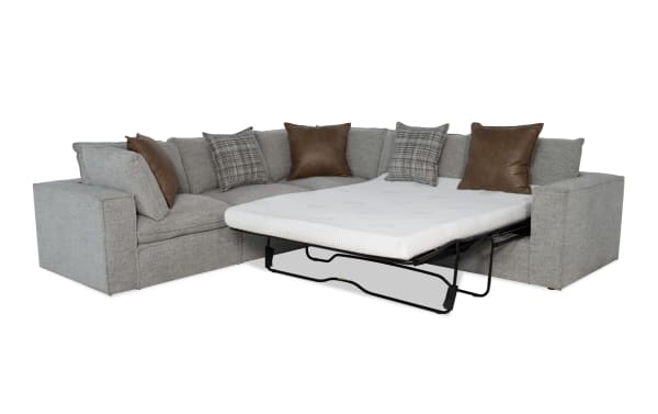 Infinity Gray 121'' 4-piece right arm facing modular sleeper sectional in gray polyester fabric with queen gel mattress, transitional style, and feather-blend pillows.