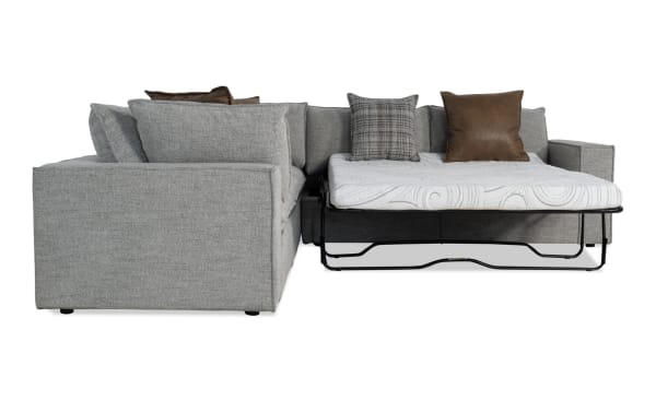 Infinity Gray 121'' 4-piece right arm facing modular sleeper sectional in gray polyester fabric, transitional style with queen gel mattress and accent pillows.