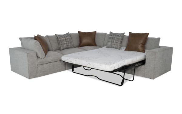 Infinity Gray 121" 4-piece right-arm modular sleeper sectional in gray polyester fabric with queen gel mattress, transitional style, and mixed accent pillows.