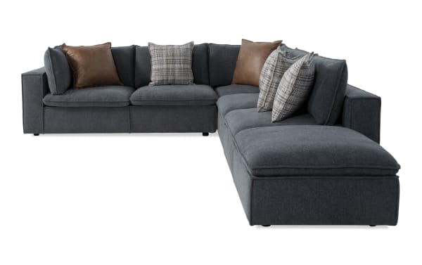 Infinity Thunder Blue 121'' 5-piece left-arm facing modular sleeper sectional in blue polyester fabric, transitional style with plush cushions and queen gel mattress.