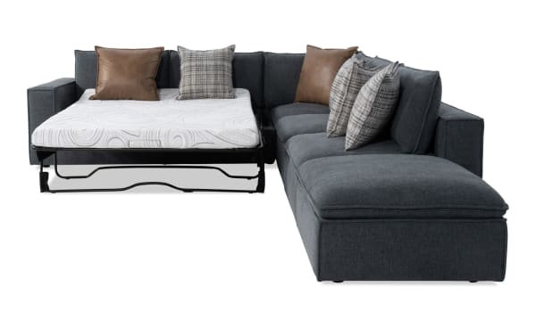 Infinity Thunder Blue 121'' 5-piece left arm facing modular sleeper sectional in blue polyester fabric with queen gel mattress, transitional style.