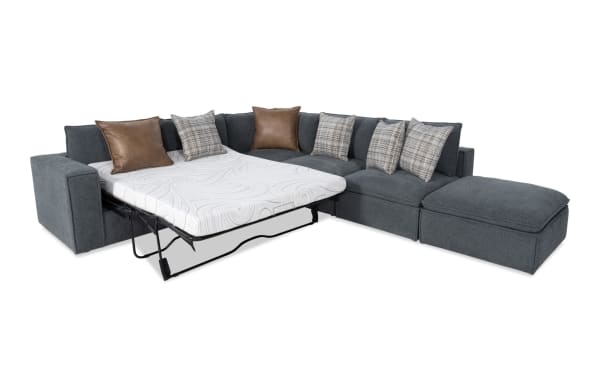 Infinity Thunder Blue 121" 5-piece left arm facing modular sleeper sectional with queen gel cooling mattress, blue polyester fabric, transitional style, feather-blend pillows, and removable cushions.