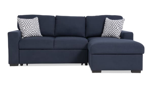 Playday Navy 93'' transitional 2-piece right-arm facing pop-up sleeper chaise sectional in blue polyester fabric with memory foam cushions and accent pillows.