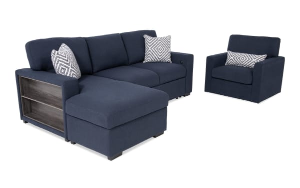 Transitional Playday Navy 93'' fabric polyester sectional with left arm pop-up sleeper chaise, Bluetooth audio, USB ports, and matching swivel chair.