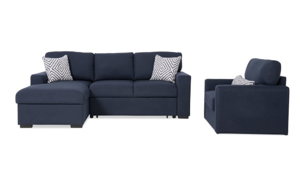 Playday Navy 93'' transitional 2-piece sectional with left arm facing pop-up sleeper chaise, swivel chair, navy polyester fabric, Bluetooth audio.