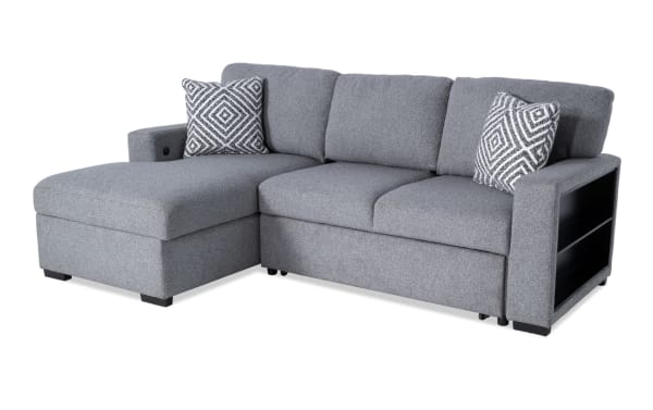 Playday Gray 93'' Bluetooth Audio 2 Piece Left Arm Facing Pop-Up Sleeper Chaise Sectional in gray polyester fabric, transitional style with storage chaise, memory foam cushions, and USB ports.