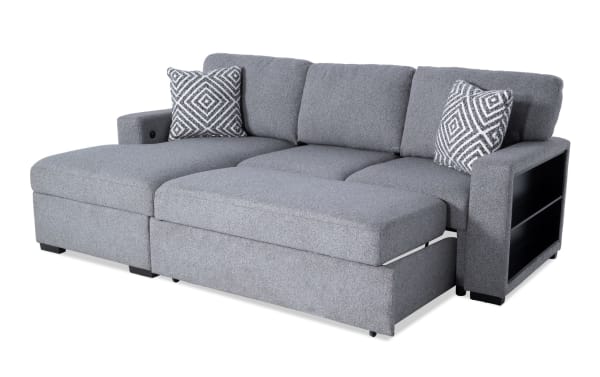 Playday Gray 93'' Bluetooth Audio 2-piece left arm facing pop-up sleeper chaise sectional in gray polyester fabric, transitional style, with storage chaise, memory foam cushions, USB/USB-C ports, and drop-down table with cupholders.