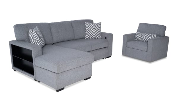 Playday Gray 93'' transitional 2-piece left arm facing pop-up sleeper chaise sectional with built-in bookshelf, Bluetooth, and swivel chair in gray polyester fabric.