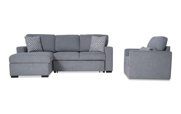 Playday Gray 93'' transitional 2-piece sectional with left arm chaise and swivel chair, gray polyester fabric, Bluetooth audio, pop-up sleeper, storage chaise, and accent pillows.