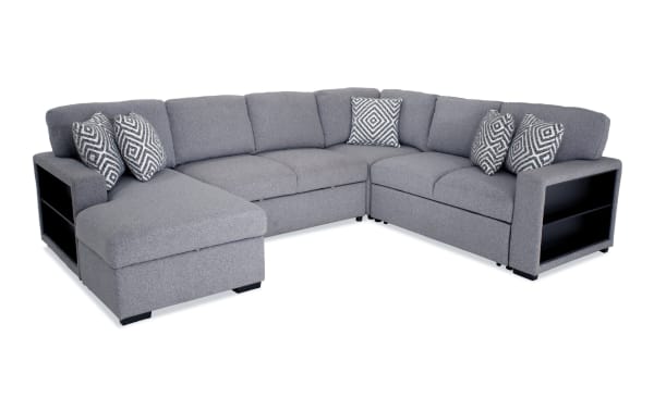 Transitional Playday Gray 119'' fabric polyester sectional with left arm chaise, Bluetooth audio, pop-up sleeper, storage, USB ports, and drop-down table.