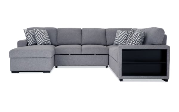 Gray Playday 119'' transitional 4-piece sectional with left-arm chaise, polyester fabric, Bluetooth audio, pop-up sleeper, storage, and USB ports.