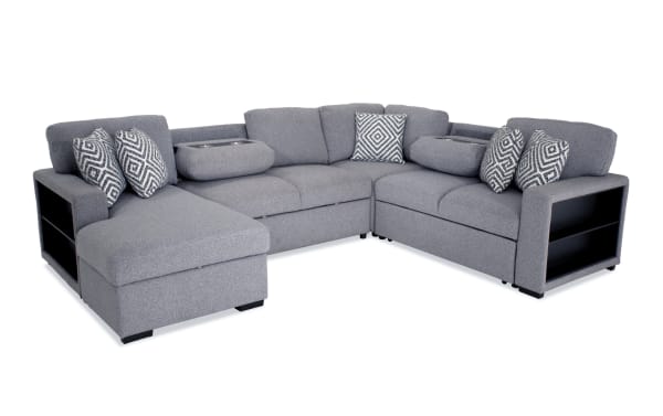 Transitional Playday Gray 119'' 4-piece left-arm facing pop-up sleeper sectional in gray polyester fabric with Bluetooth audio, storage chaise, memory foam cushions, USB/USB-C ports, drop-down table, and cupholders.