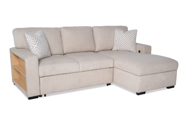 Beige Playday 93" transitional 2-piece right-arm facing pop-up sleeper chaise sectional with polyester fabric, storage chaise, and Bluetooth audio.