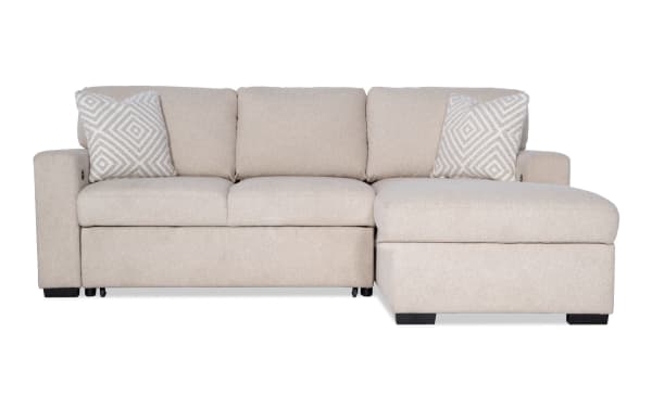 Beige Playday 93'' transitional 2-piece right arm facing pop-up sleeper chaise sectional with polyester fabric upholstery, memory foam cushions, and storage.