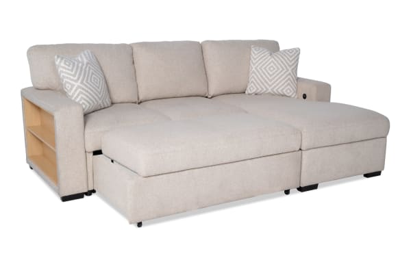 Beige Playday 93'' transitional 2-piece right arm facing pop-up sleeper chaise sectional with polyester fabric, storage, Bluetooth audio, and USB charging ports.