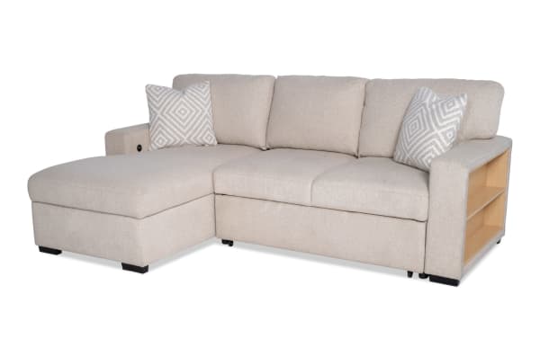 Beige Playday 93" transitional 2-piece left arm facing pop-up sleeper chaise sectional with polyester fabric, storage chaise, Bluetooth audio, and USB charging ports.