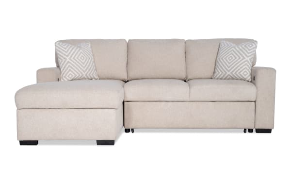 Beige Playday 93'' transitional 2-piece left arm facing pop-up sleeper chaise sectional with polyester fabric, Bluetooth audio, storage chaise, and memory foam cushions.
