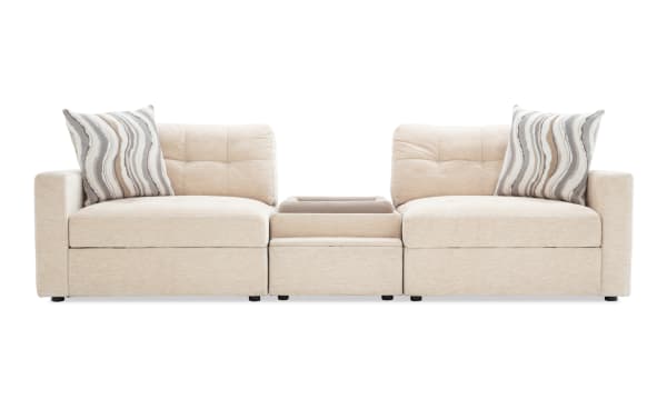 Beige Modular Bob® 106'' 3-piece contemporary fabric sectional with polyester upholstery, includes pet bed console, storage chairs, USB ports, and memory foam cushions.