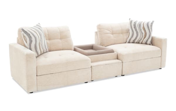 Beige Modular Bob® 106" 3-piece contemporary fabric sectional with polyester upholstery, includes pet bed console, left and right storage chairs.