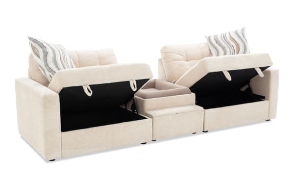Beige Modular Bob® 106" 3-piece contemporary fabric sectional with left/right storage chairs, pet bed console, memory foam cushions, and USB ports.