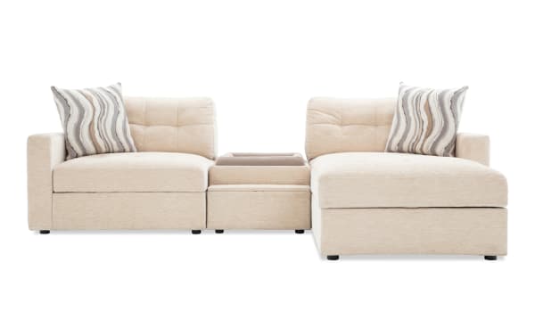 Beige Modular Bob® 98" 4-piece contemporary fabric sectional with polyester upholstery, pet bed console, USB charging, and hidden storage.