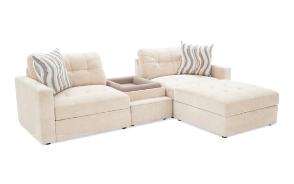 Beige Modular Bob® 98" 4-piece contemporary sectional with polyester fabric, memory foam cushions, pet bed console, storage seats, and USB ports.