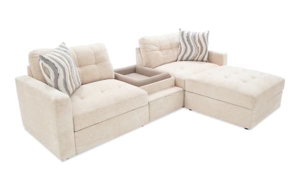 Beige Modular Bob® 98" 4-piece contemporary fabric sectional with polyester upholstery, pet bed console, storage chairs, and ottoman.