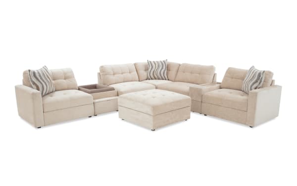 Modular Bob® Beige 129'' 8-piece contemporary sectional with polyester fabric, memory foam cushions, pet bed console, USB ports, and hidden storage.
