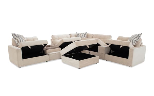 Beige Modular Bob® 8-piece contemporary fabric sectional with memory foam cushions, pet bed console, USB ports, and hidden storage compartments.