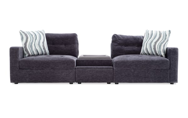 Modular Bob® Charcoal 106'' 3-piece contemporary fabric sectional with pet bed console, USB charging, hidden storage, and gray polyester upholstery.