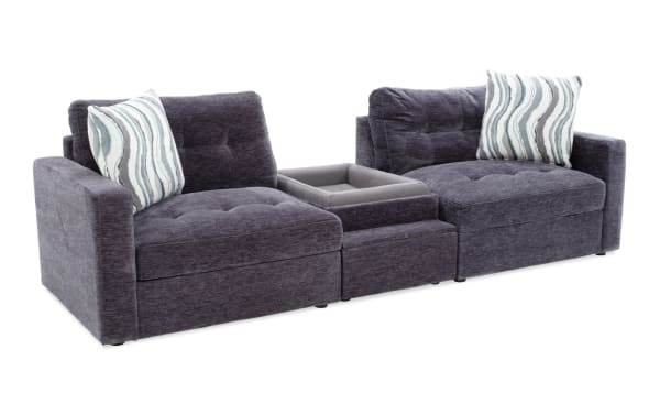 Charcoal Modular Bob® 106" contemporary 3-piece fabric sectional with plush polyester upholstery, pet bed console, storage chairs, and USB ports.