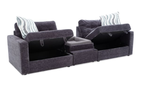 Charcoal gray Modular Bob® 106" 3-piece contemporary fabric sectional with memory foam cushions, pet bed console, and hidden storage compartments.