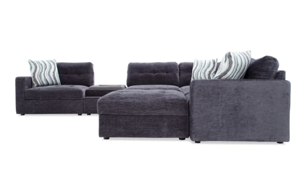 Modular Bob® Charcoal 7-piece contemporary sectional with polyester fabric, memory foam cushions, pet bed console, storage, and USB charging ports.