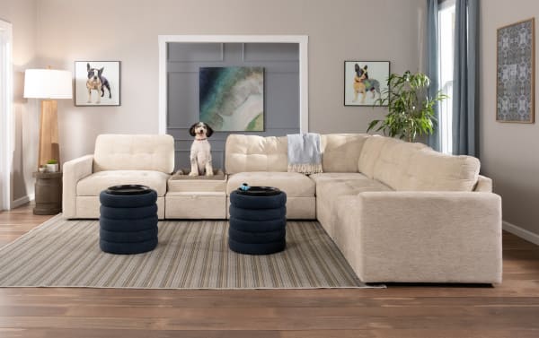 Contemporary Modular Bob® Charcoal 7-piece fabric polyester sectional with storage seats, pet bed console, USB ports, and memory foam cushions.