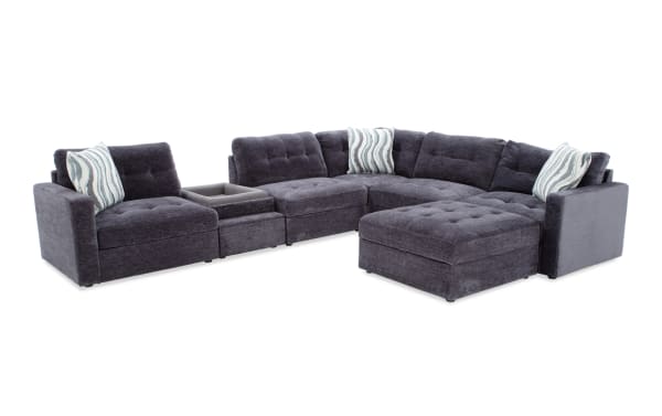 Charcoal gray Modular Bob® 7-piece contemporary fabric sectional with storage ottoman, pet bed console, armless storage chairs, memory foam cushions, and USB ports.