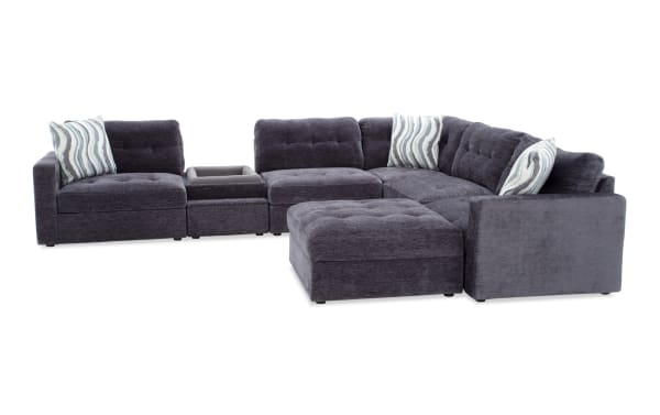 Contemporary Modular Bob® charcoal gray 7-piece fabric sectional with memory foam cushions, pet bed console, storage ottoman, and USB charging ports.