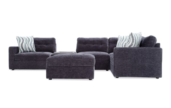 Modular Bob® Charcoal 129'' 6-piece contemporary sectional with charcoal polyester fabric, memory foam cushions, pet bed console, storage seats, and USB ports.