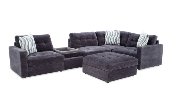 Modular Bob® Charcoal 6-piece contemporary fabric sectional with storage ottoman, pet bed console, USB charging, and plush polyester upholstery.